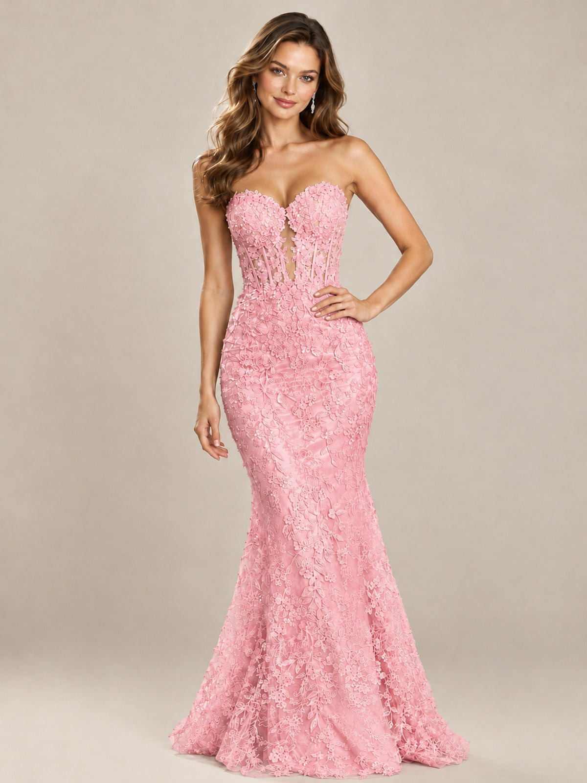 Strapless Corset Mermaid Prom Dress with Floral Lace Appliqué