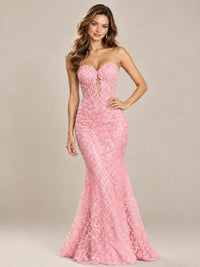 Strapless Corset Mermaid Prom Dress with Floral Lace Appliqué