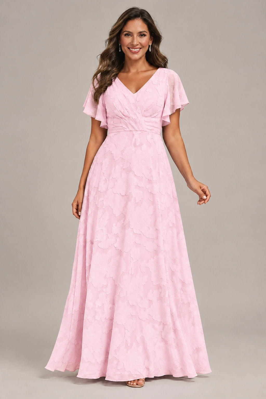 Jovellee Floral Chiffon A-Line Mother of the Bride Dress with Flutter Sleeves