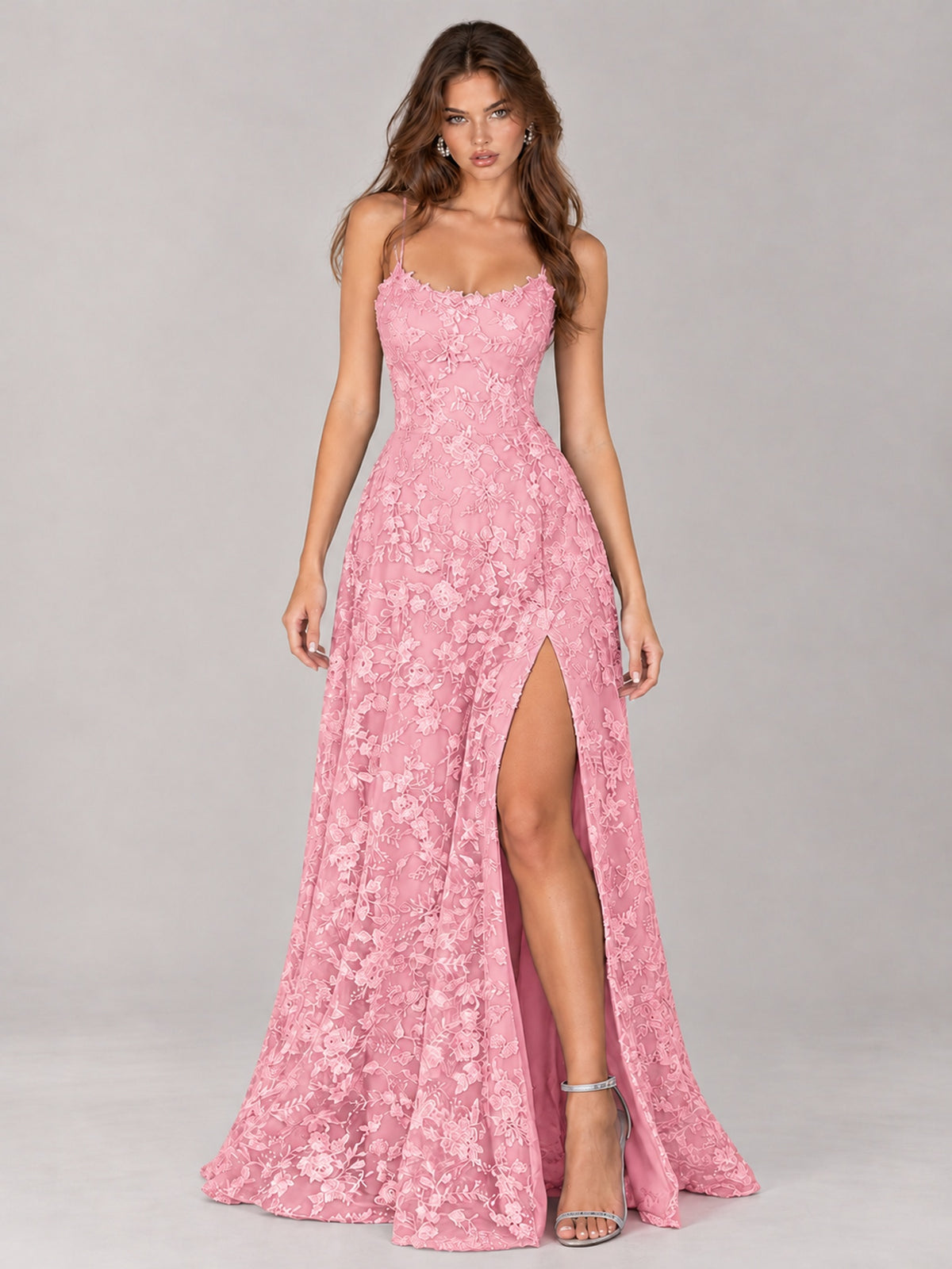 Floral Lace A-Line Prom Dress with Spaghetti Straps & High Slit