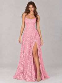 Floral Lace A-Line Prom Dress with Spaghetti Straps & High Slit