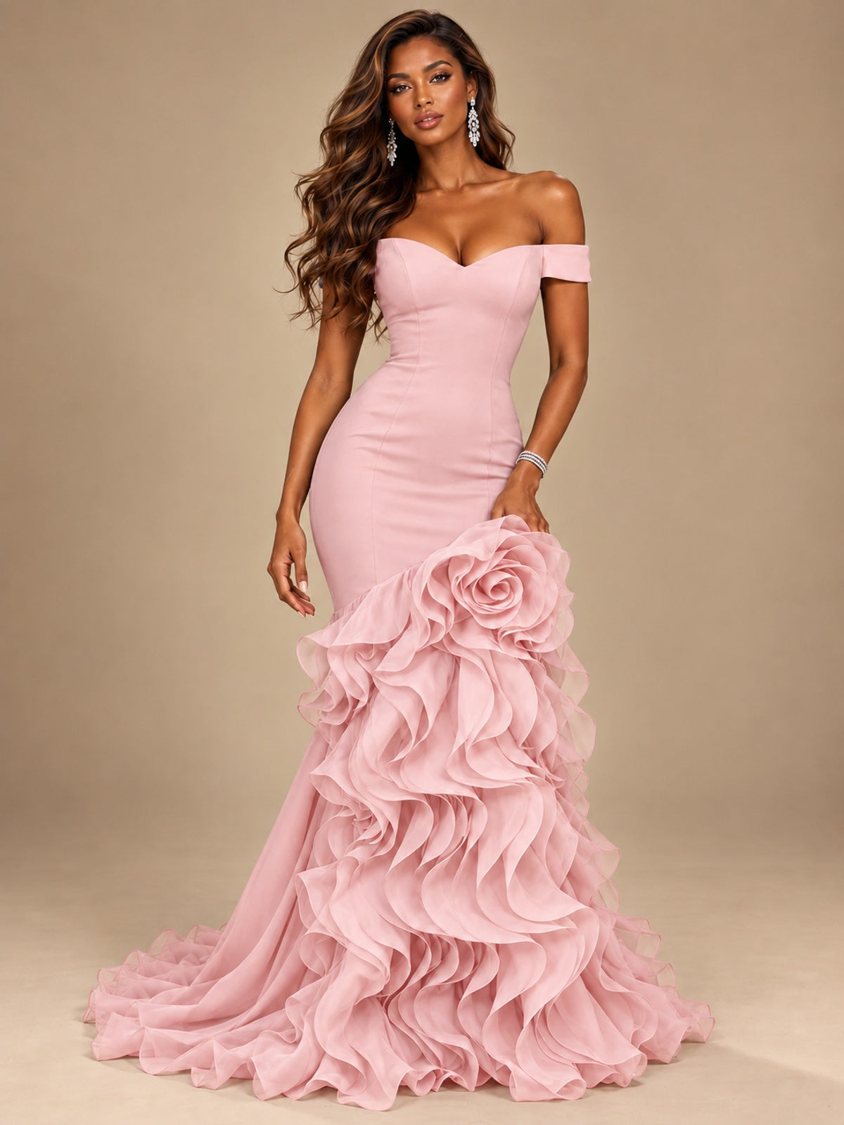 Dusty Blue Off-the-Shoulder Mermaid Prom Dress with 3D Rose & Ruffles