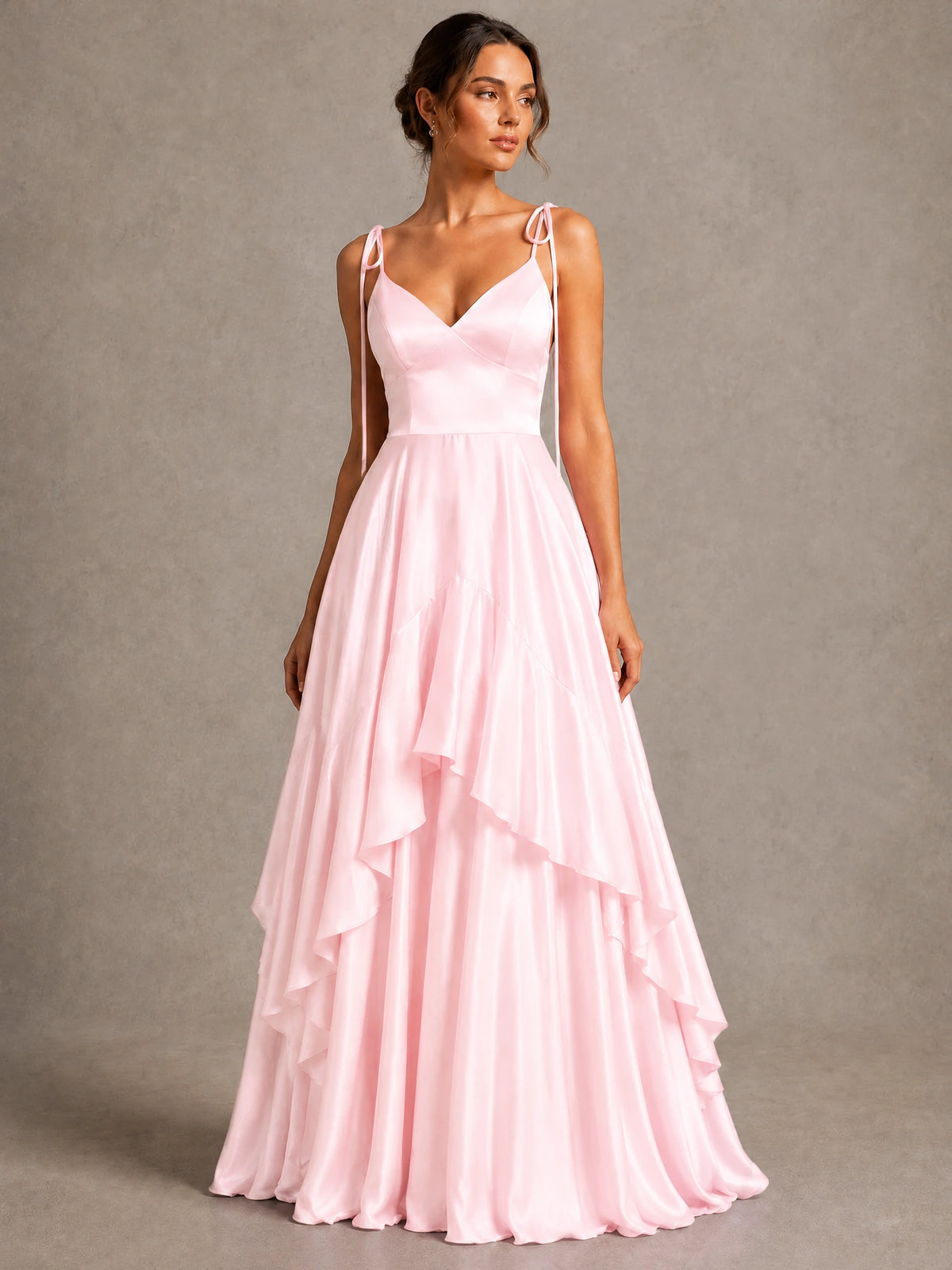 Lavender Satin V-Neck Ruffle Maxi Dress