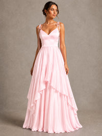 Lavender Satin V-Neck Ruffle Maxi Dress