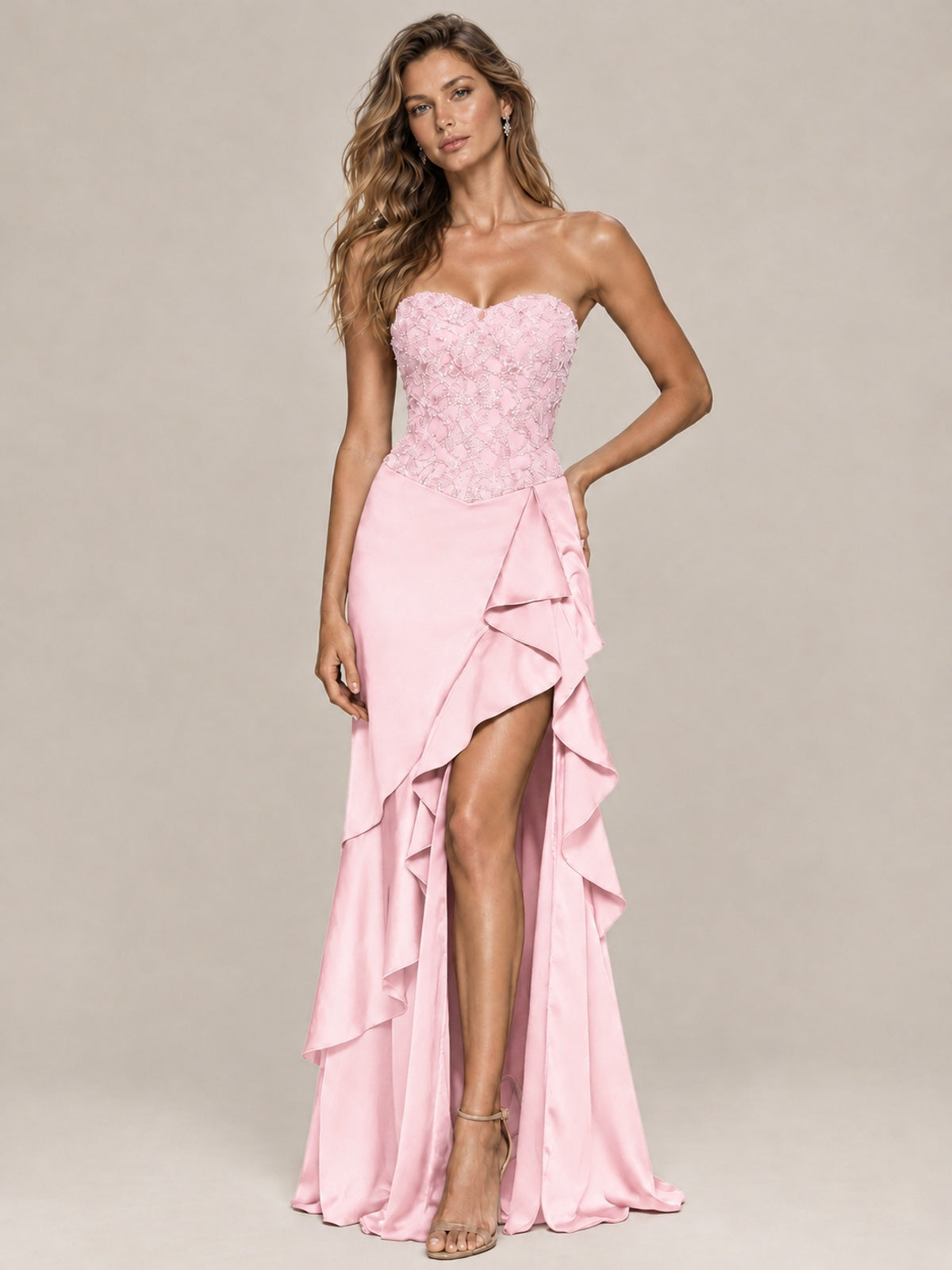 Strapless Lace Appliques Corset Satin Prom Dress Ruffle Slit Evening Gown