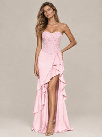 Strapless Lace Appliques Corset Satin Prom Dress Ruffle Slit Evening Gown
