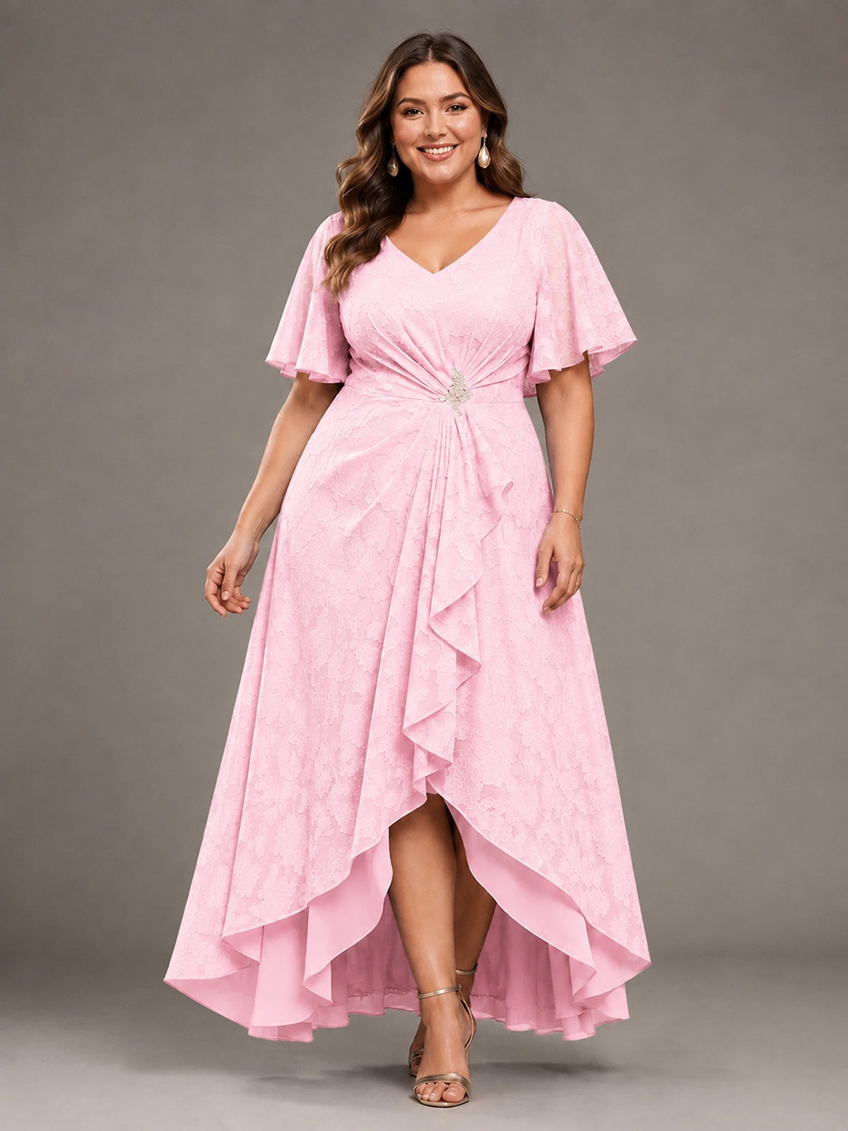Jacquard Chiffon A-Line V-Neck High-Low Mother of the Bride Dress