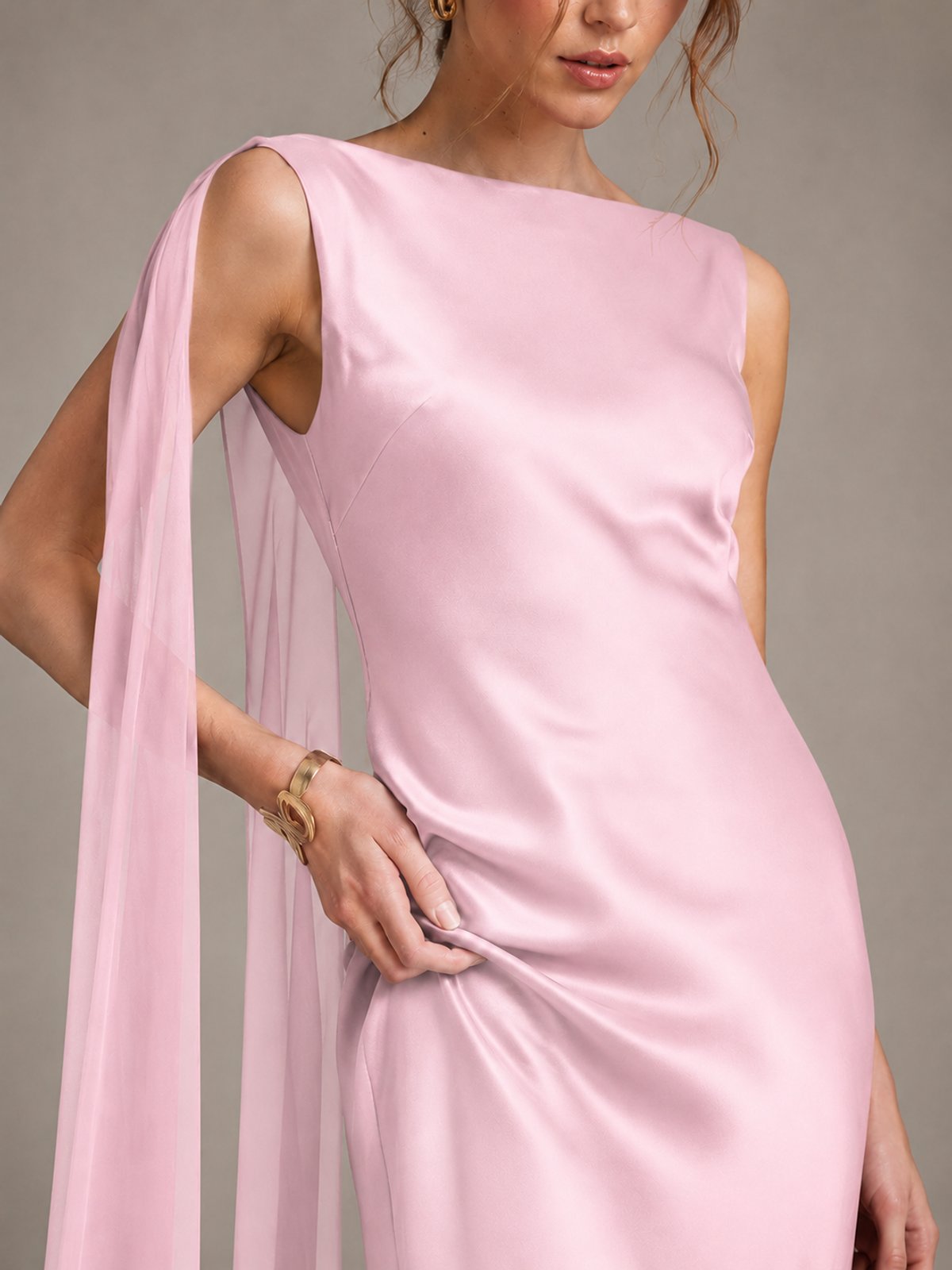 Burgundy Satin Mermaid Cape Maxi Dress