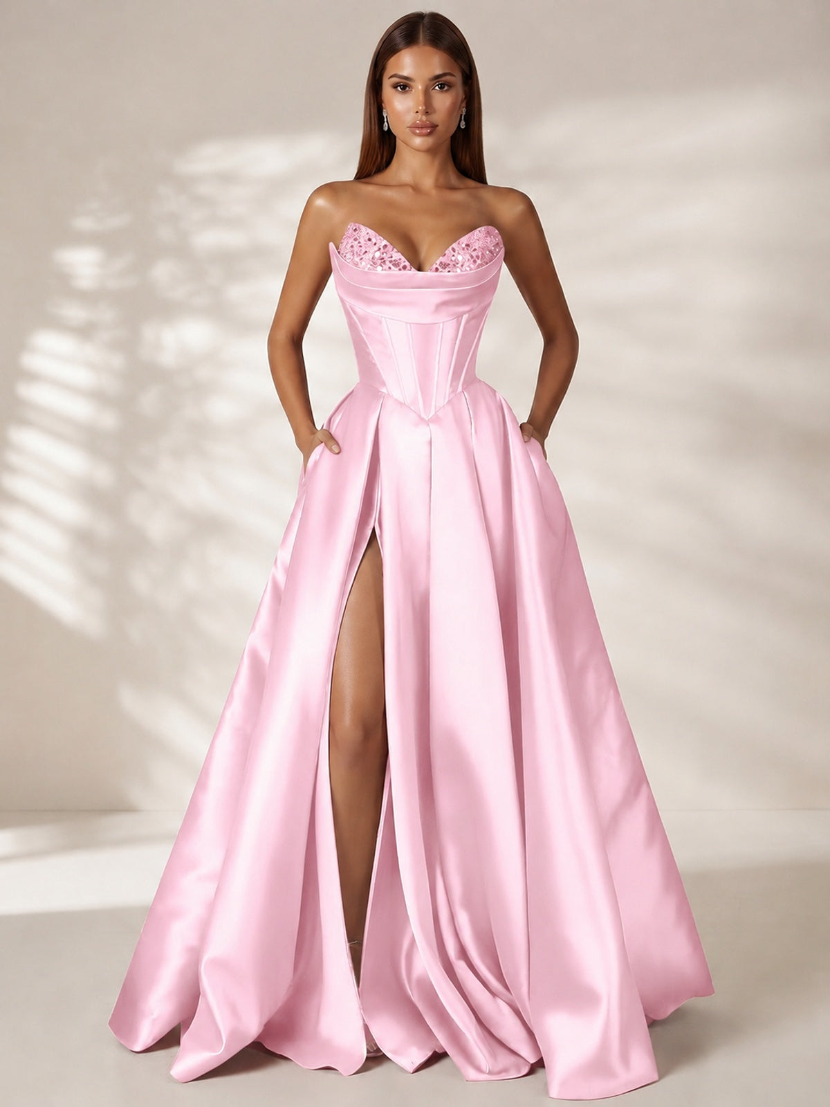Pink Strapless Corset Satin Prom Dress Long Evening Gown with High Slit