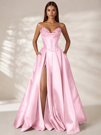 Pink Strapless Corset Satin Prom Dress Long Evening Gown with High Slit