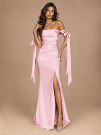 Off The Shuolder Satin Prom Dress Slit Mermaid Formal Gowns