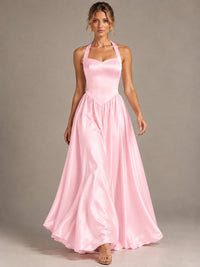 Light Yellow Halter Neck Satin A-Line Maxi Dress with Pockets