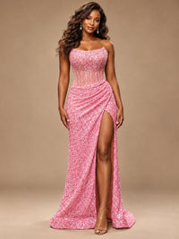 Gold Sequin Strapless Corset Prom Dress with High Slit