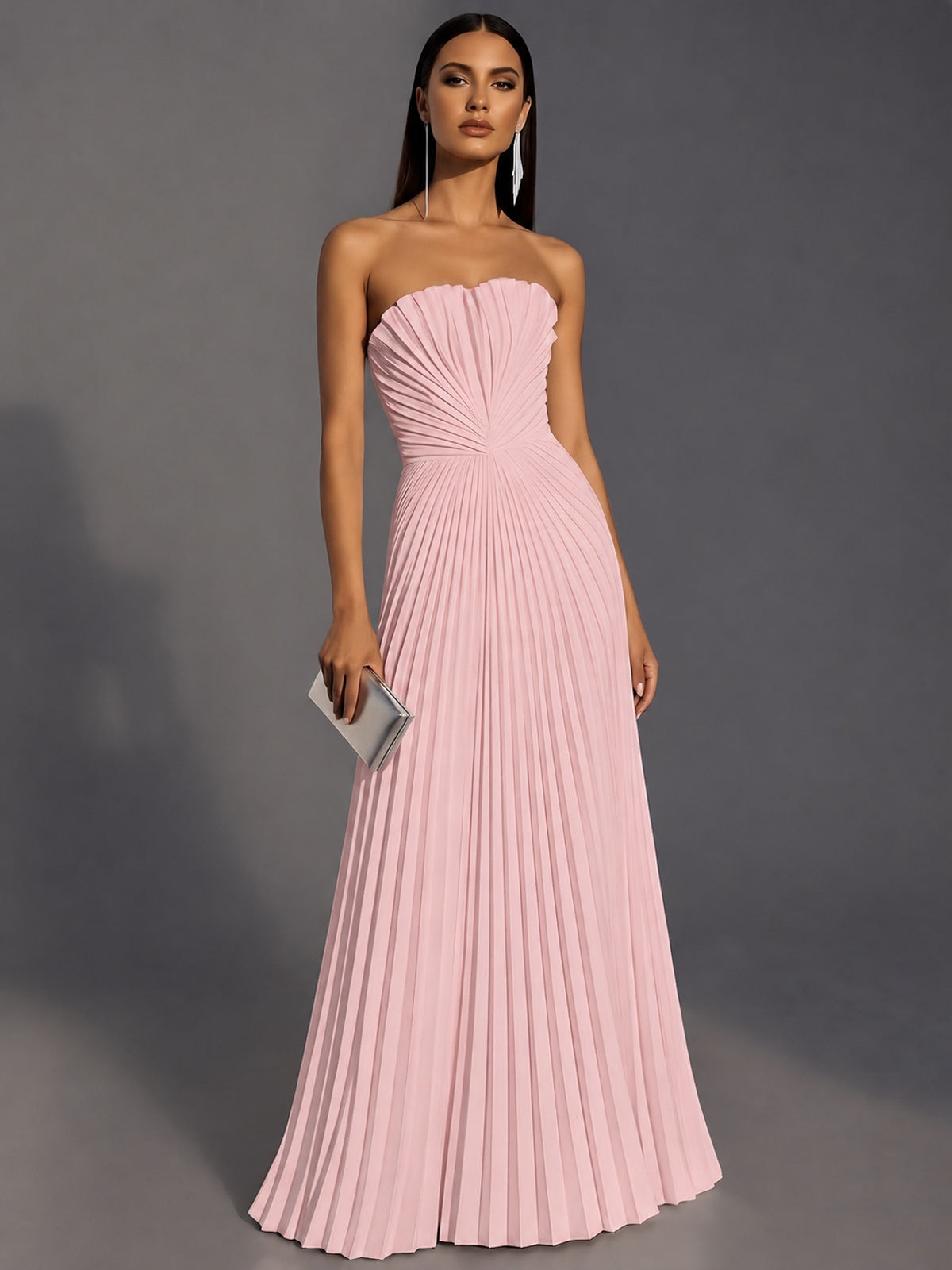 Pink Strapless Pleated Satin Prom Dress Long Formal Gown Evening Dress