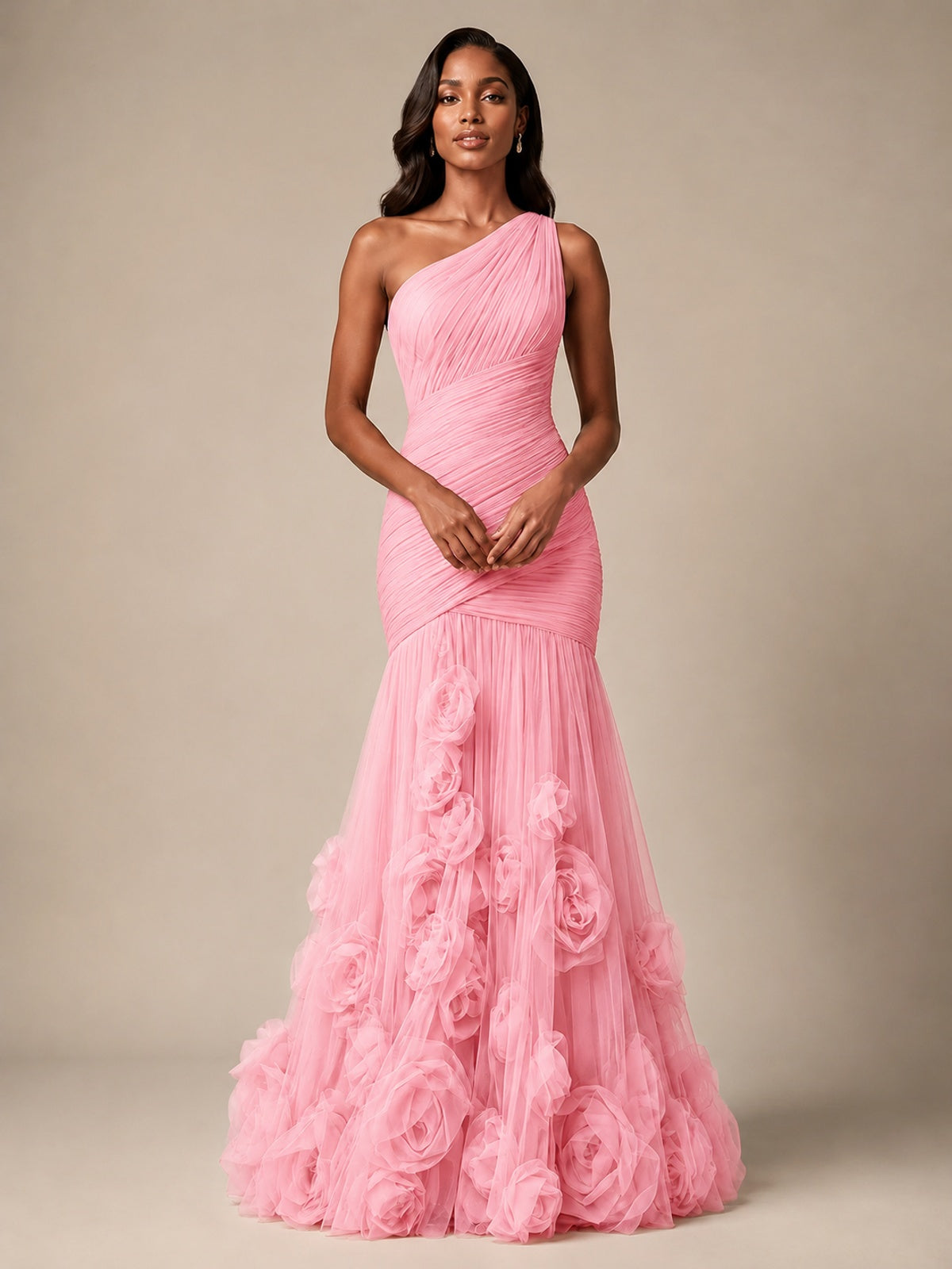 Blush Pink One Shoulder 3D Floral Mermaid Prom Dress