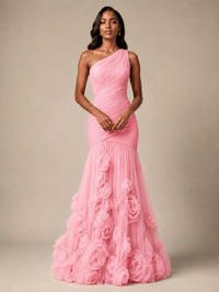 Blush Pink One Shoulder 3D Floral Mermaid Prom Dress