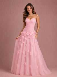Blush Pink Strapless Sweetheart 3D Floral Tulle Ball Gown Prom Dres