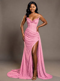 Pink Strapless Sequin Corset Mermaid Prom Dress with High Slit & Train Sparkly Evening Formal Gown