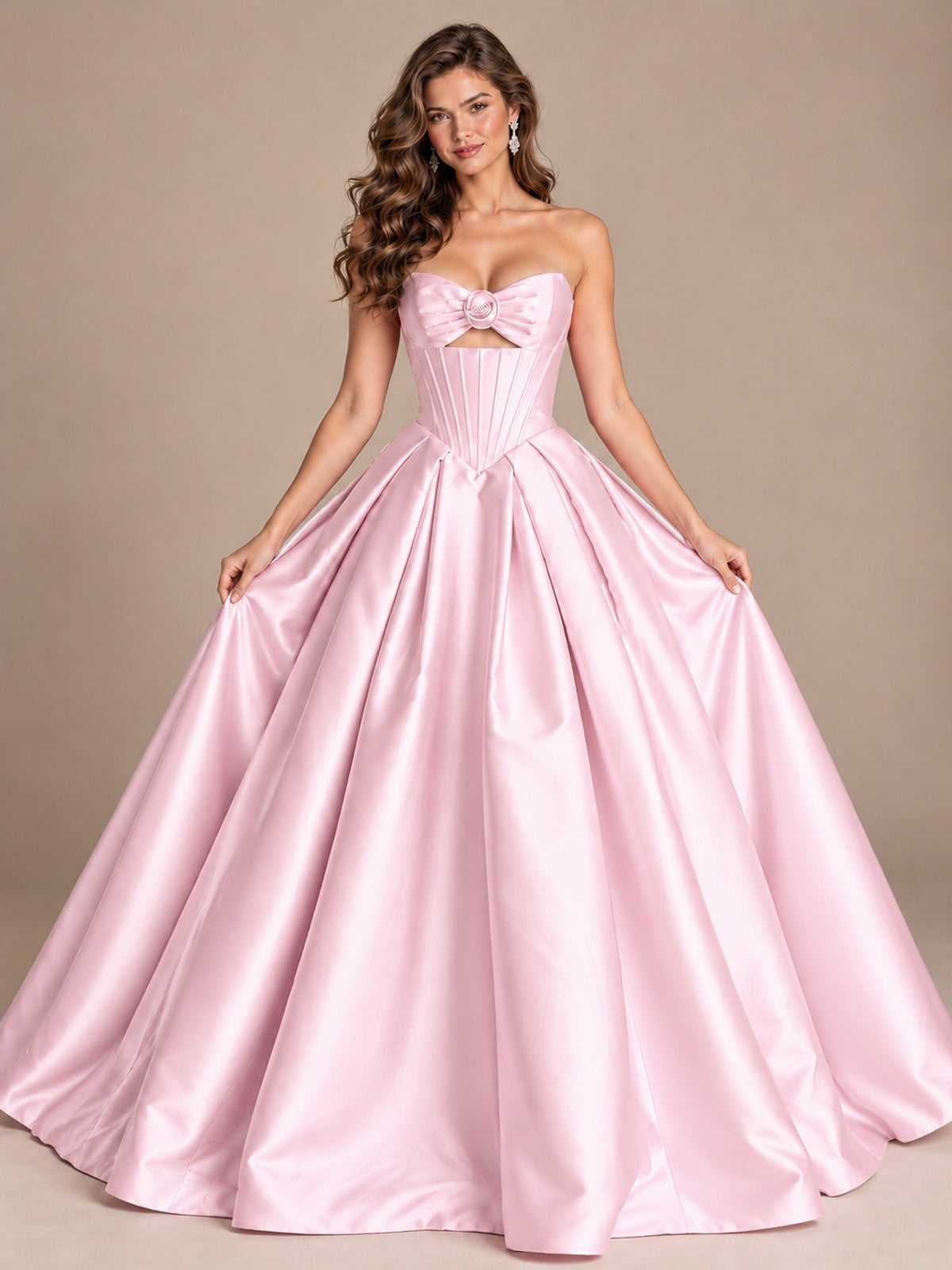 Pink Strapless Corset Satin Prom Derss & Ball Gown with 3D Floral