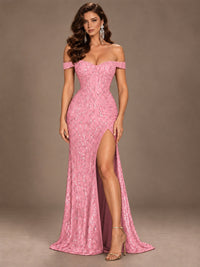 Off the Shoulder Corset Sequin Mermaid Prom Dress with Slit