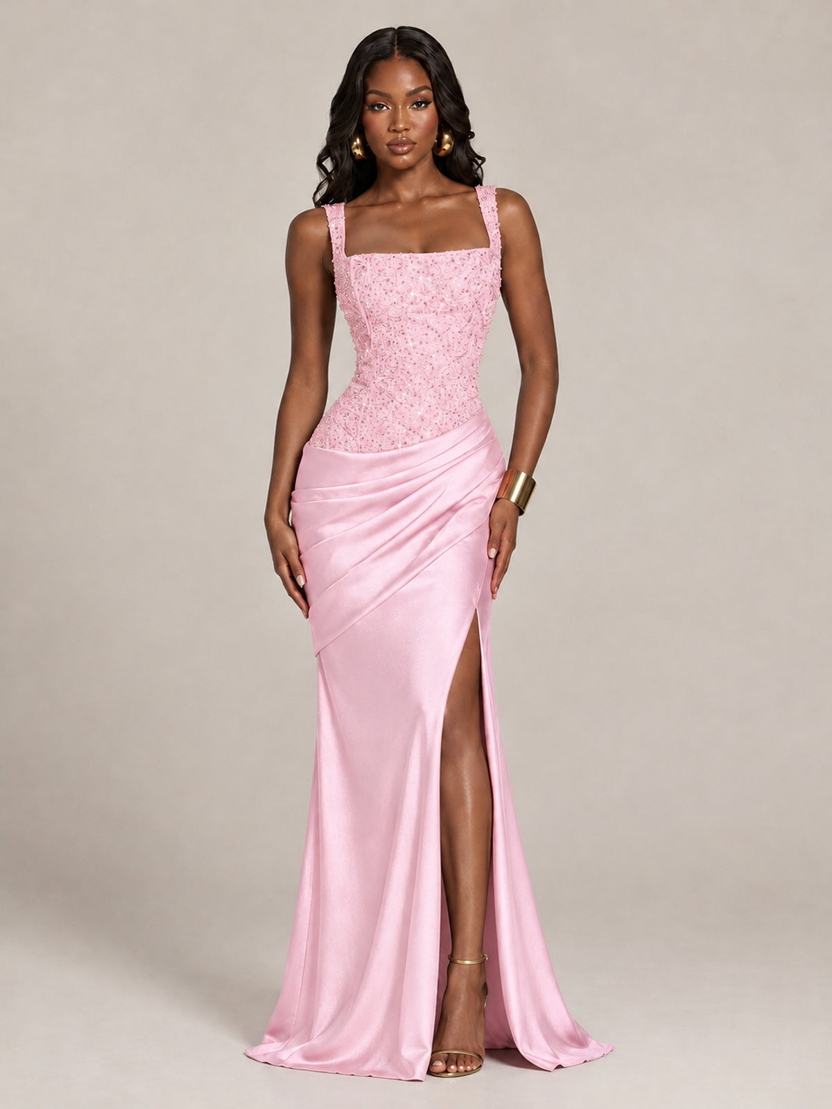 Scoop Neck Sequin Prom Dress with High Slit Satin Formal Gowns