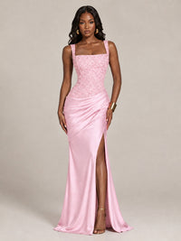 Scoop Neck Sequin Prom Dress with High Slit Satin Formal Gowns