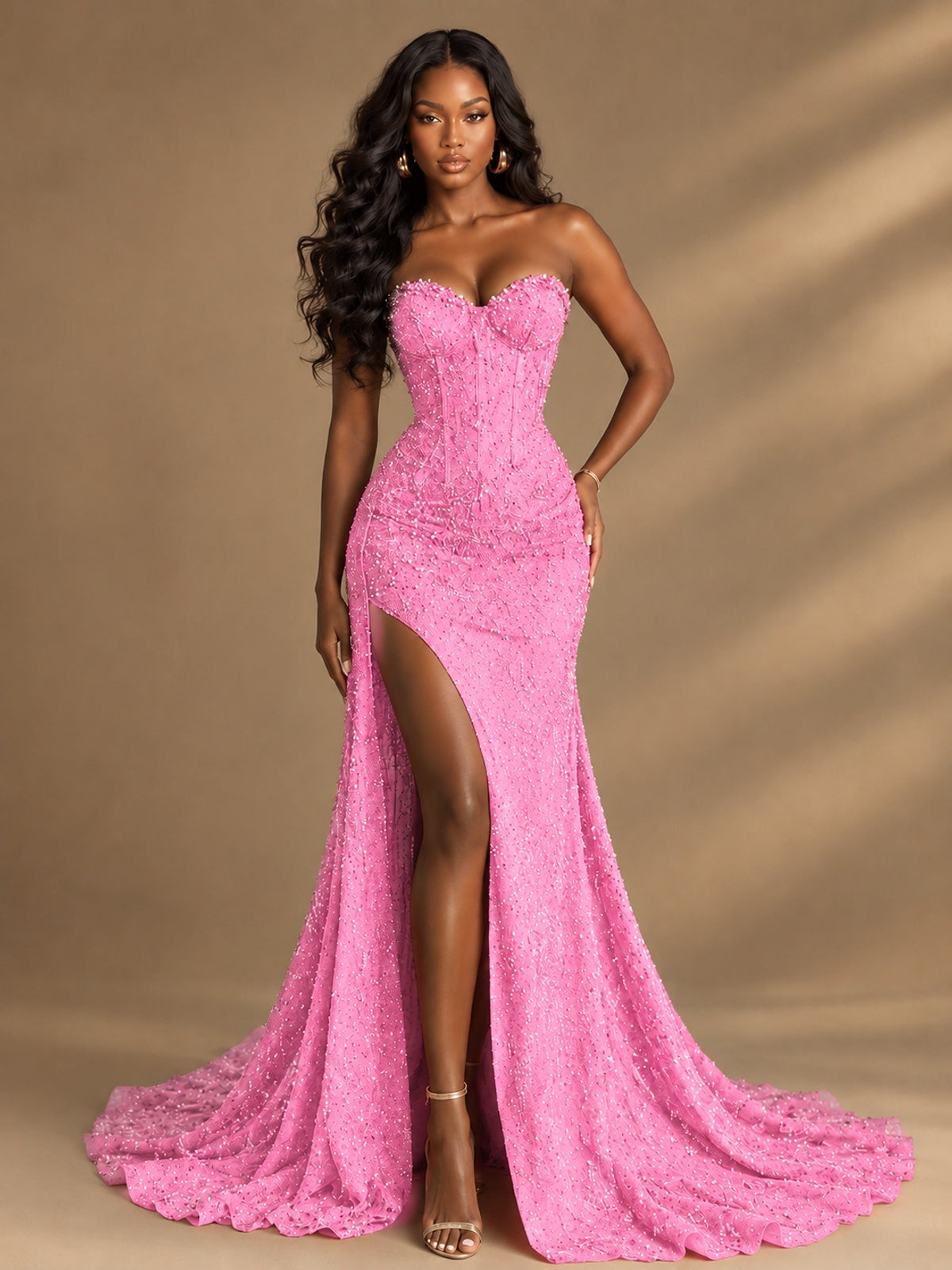 Beaded Sequin Prom Dress Strapless Formal Gowns with High Slit Train