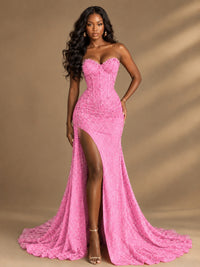 Beaded Sequin Prom Dress Strapless Formal Gowns with High Slit Train