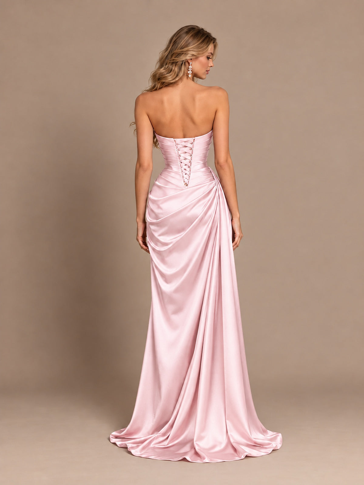 Dusty Blue Strapless Satin Prom Dress with Ruched Bodice and Slit