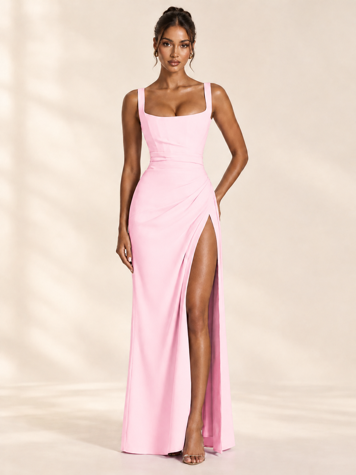 Square Neck Satin Sleeveless Ruched Prom Dress with High Slit