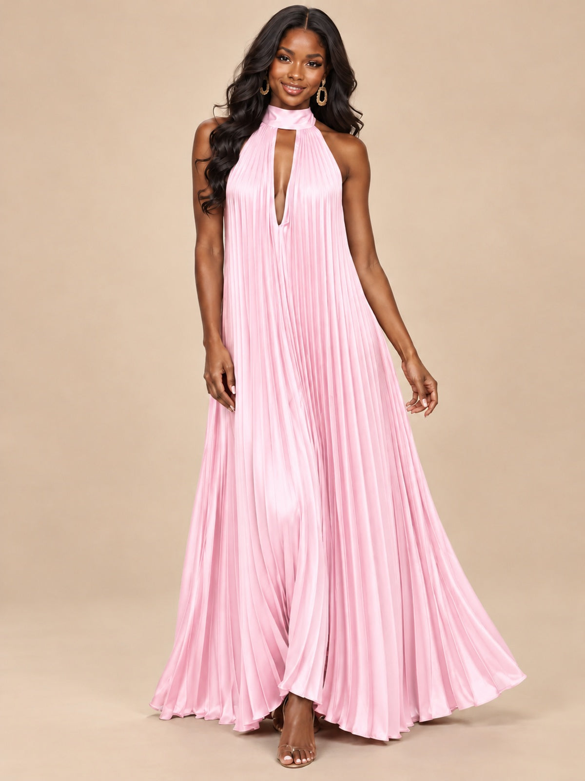 Rust Orange Pleated Halter Neck Maxi Dress