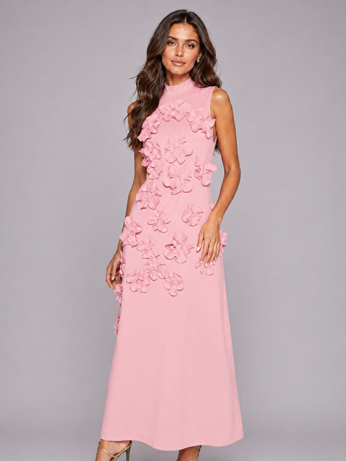 3D Floral Applique High Neck Prom Maxi Dress