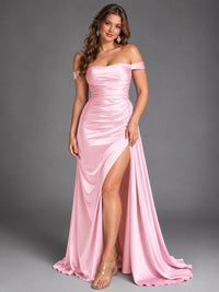 Off Shoulder Satin Maxi Dress with Slit