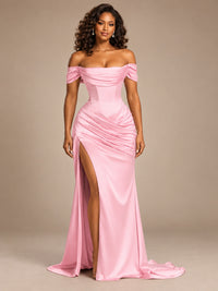 Burgundy Off-the-Shoulder Satin Corset Prom Dress with Slit