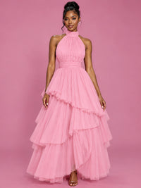 Hot Pink Tulle Halter Neck Tiered Ruffle Maxi Dress