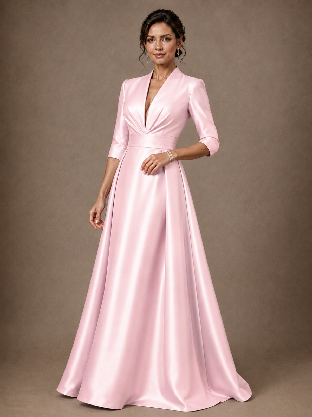 V-Neck Pleated Satin Mother of the Bride Gown with 3/4 Sleeves