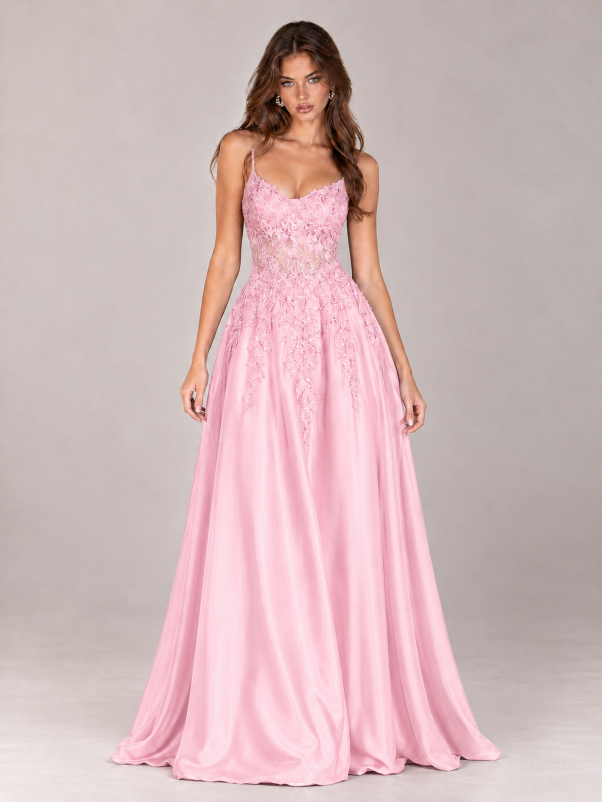 Lace Applique Satin A-Line Prom Dress with Sheer Bodice