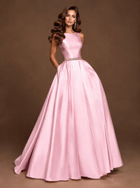 Satin A-Line Prom Dress Sleeveless Beaded Waist Formal Gown with Pockets