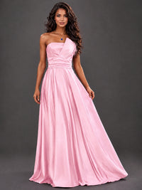 Draped Satin Prom Dress Strapless A-line Formal Dress Floor Length