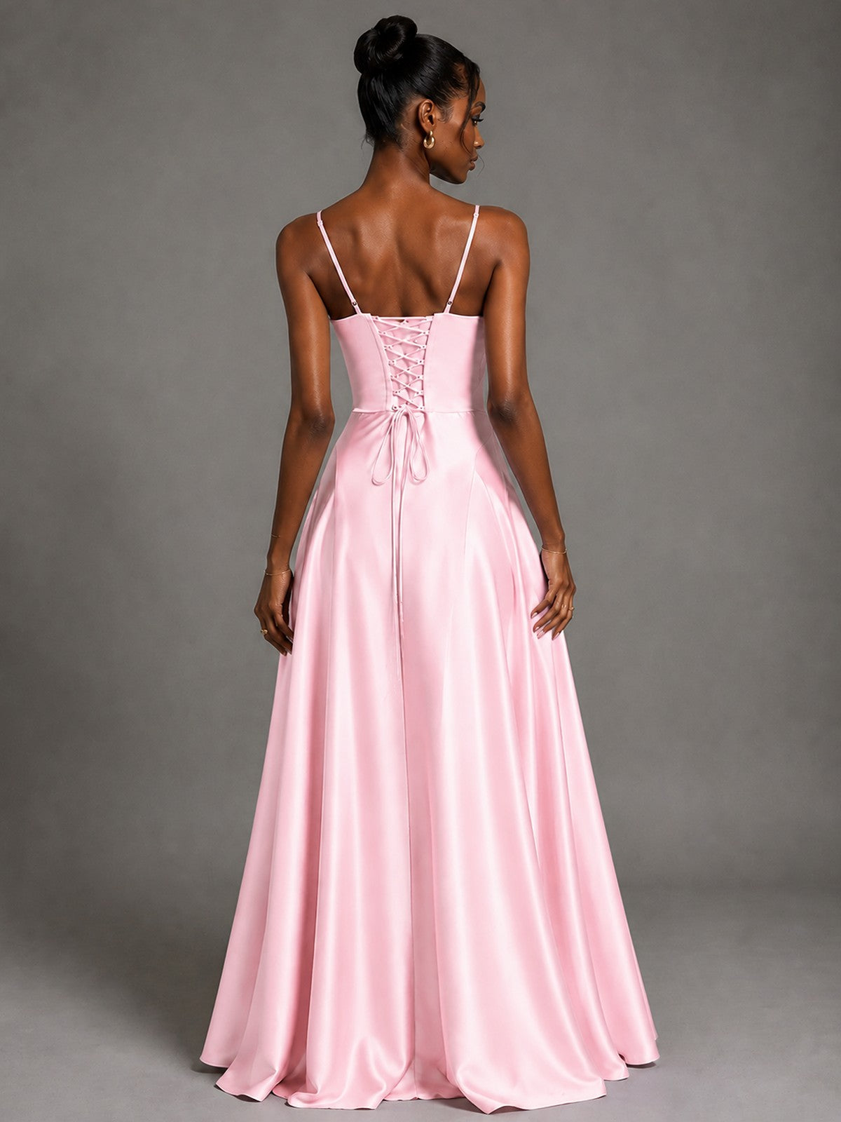 Lavender V Neck Satin Prom Dress with Spaghetti Straps