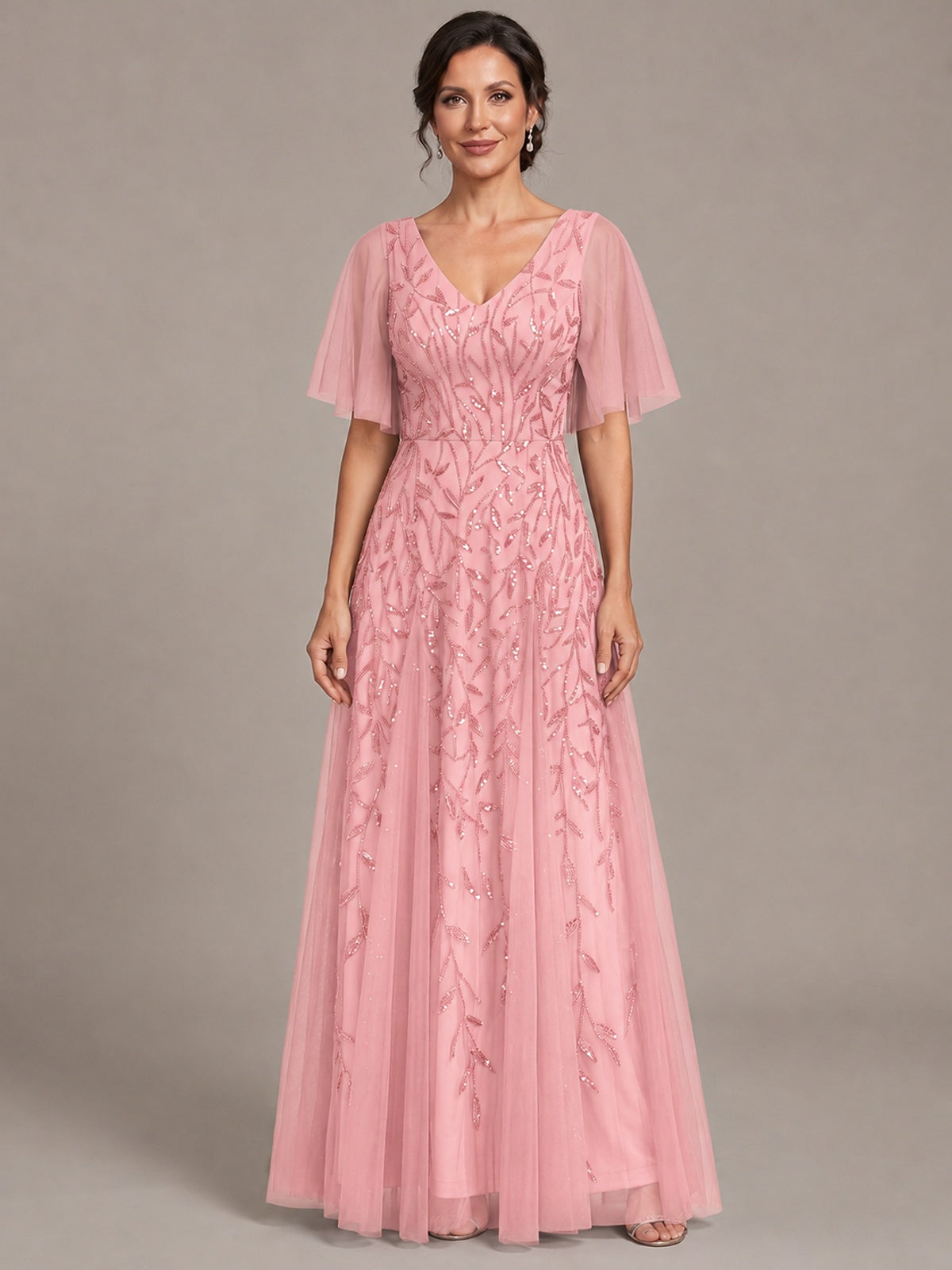 Pink V-Neck Sequin Tulle Mother of the Bride Dress with Flutter Sleeve A-line Evening Formal Wedding Guest Dress