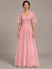 Pink V-Neck Sequin Tulle Mother of the Bride Dress with Flutter Sleeve A-line Evening Formal Wedding Guest Dress