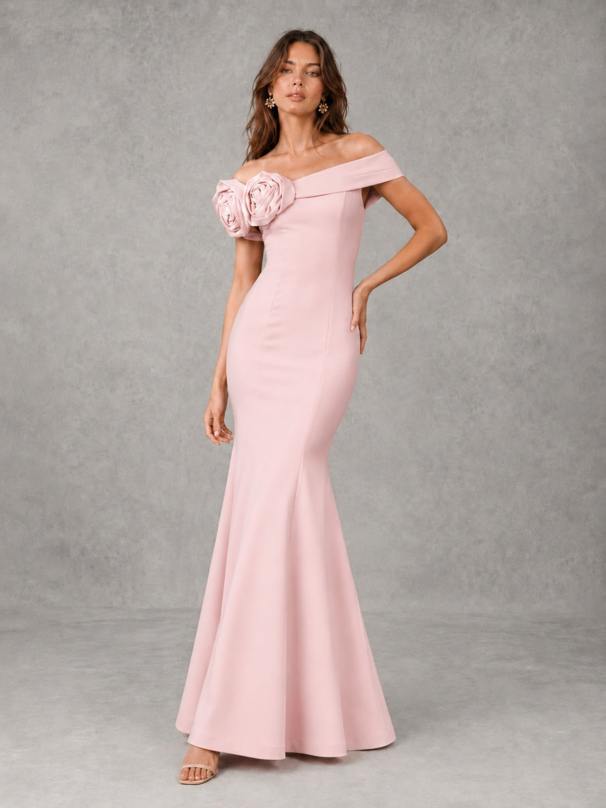 Blush Pink Off Shoulder Mermaid Bridesmaid Dress with Floral Rosette