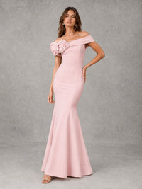 Blush Pink Off Shoulder Mermaid Bridesmaid Dress with Floral Rosette