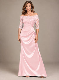 Satin Mother of the Bride Dress with Lace Sleeves Off Shoulder Formal Gown