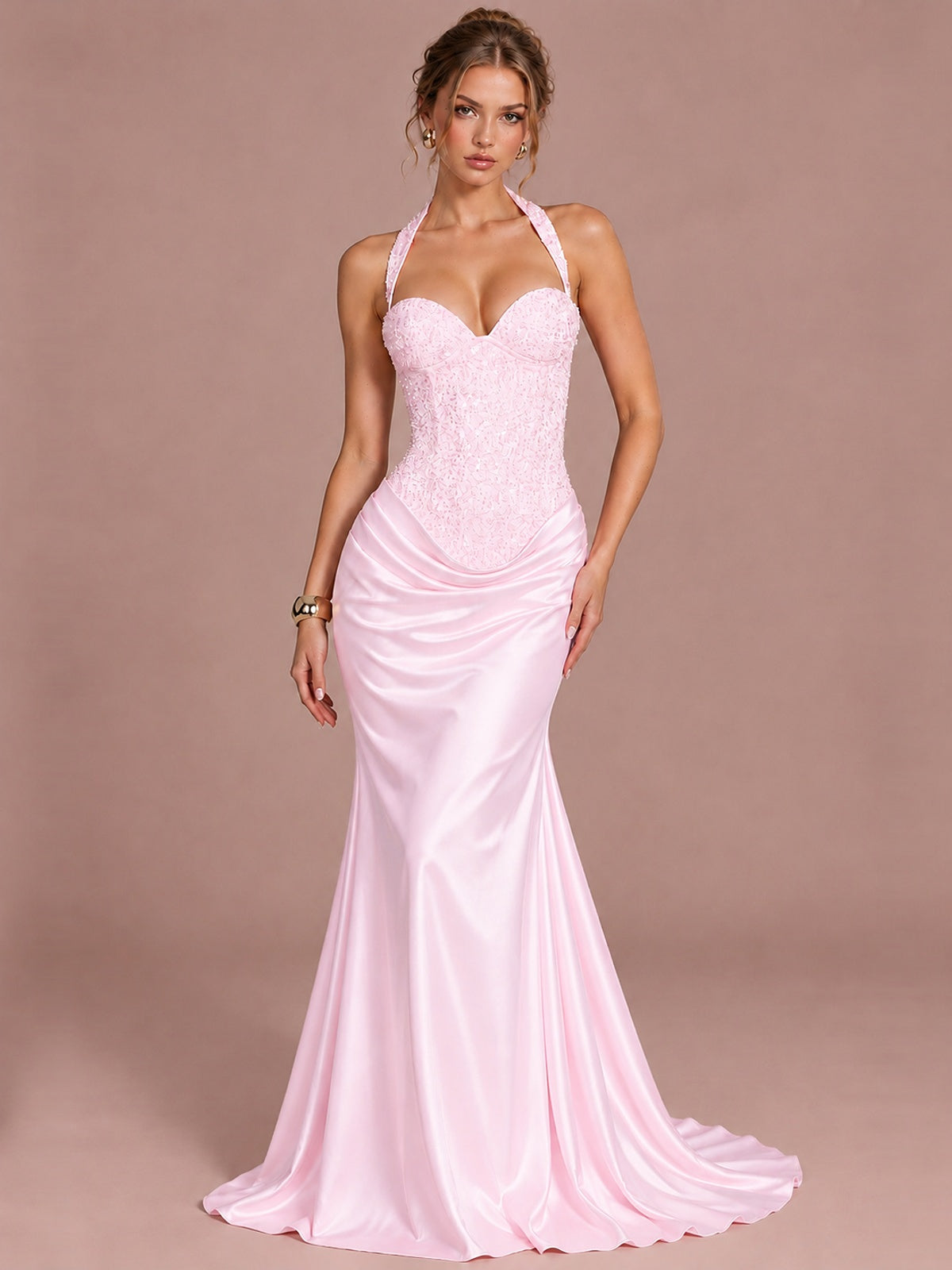 Pink Sparkling Halter Corset Satin Mermaid Prom Dress Long Ruched Sequin Formal Gown Evening Party Dress