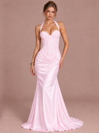 Pink Sparkling Halter Corset Satin Mermaid Prom Dress Long Ruched Sequin Formal Gown Evening Party Dress