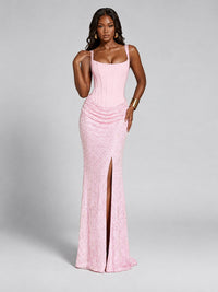 Sequin Corset Mermaid Prom Dress with Square Neck Wide Strap High Slit