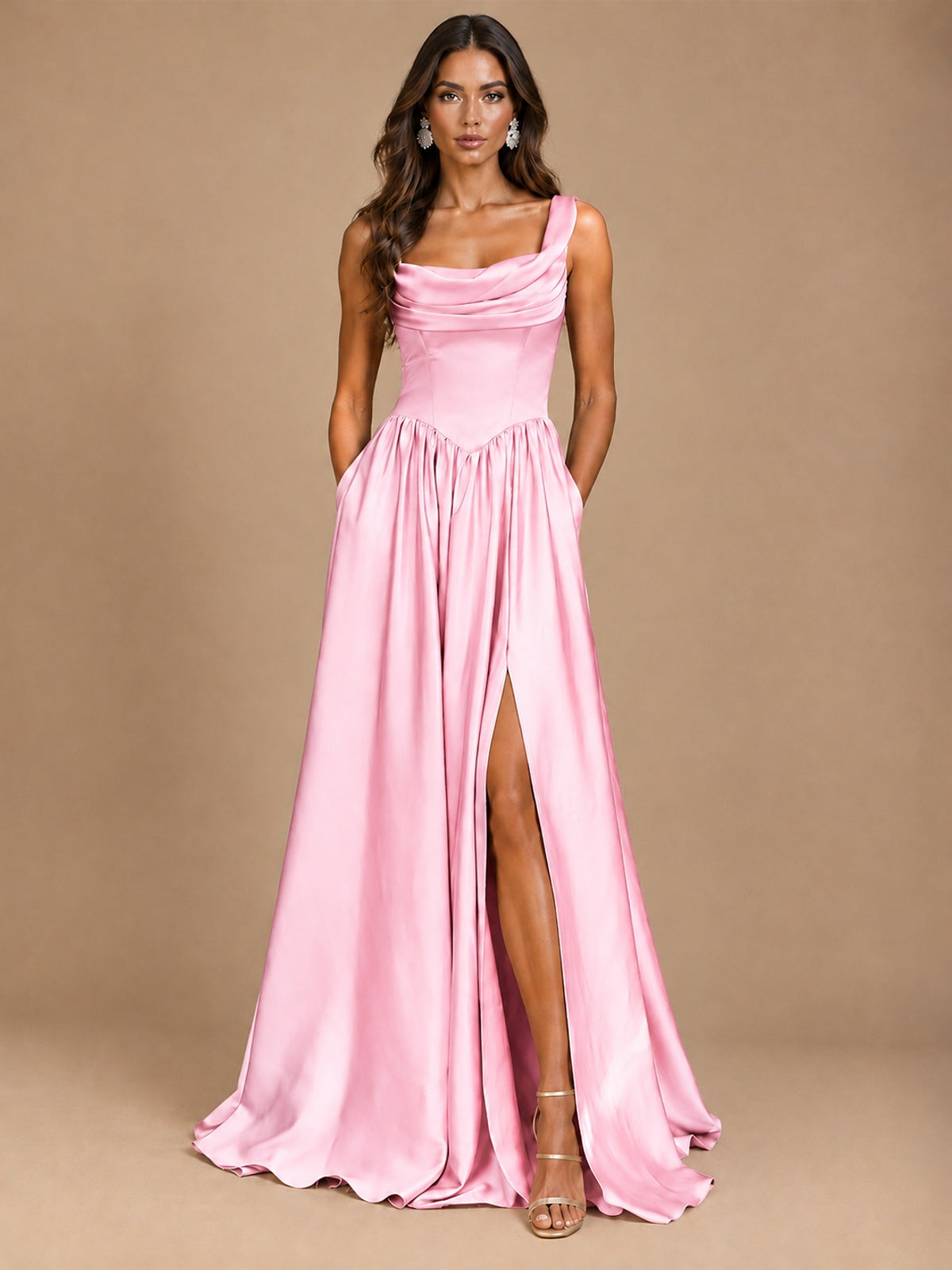Cowl Neck Pleated Satin Prom Dress with Pockets & Slit Maxi Formal Gowns