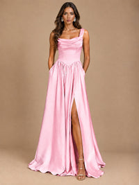 Cowl Neck Pleated Satin Prom Dress with Pockets & Slit Maxi Formal Gowns